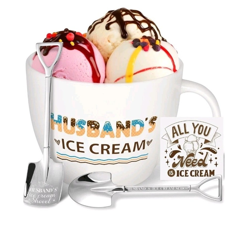 Husband Ice Cream Cup Gift Set Ceramic Mug with 2 Shovel Spoons White Novelty